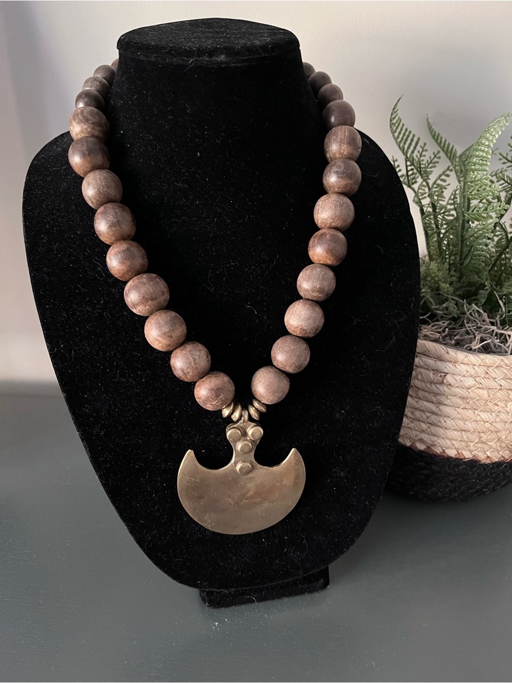 Handmade Primitive Brown Wood Bead Necklace with Large Brass Crescent Pendant